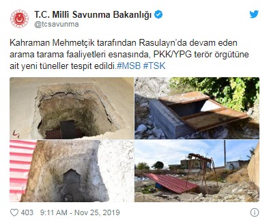 MSB: Rasulayn'da yeni tüneller tespit edildi