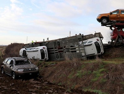 Edirne'de sıfır kilometre cipleri taşıyan TIR tarlaya devrildi