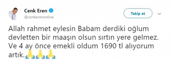 Cenk Eren emekli maaşını açıkladı