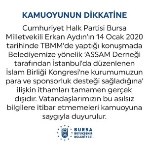 Bursa Büyükşehir Belediyesi CHP'li Aydın'ın İddialarını Yalanladı