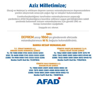 AFAD Bağış Yapmak İsteyen Vatandaşlar İçin Hesap Numaralarını Yayınladı