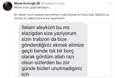 Trabzon'dan Elazığ'a Gönderilen Ekmek İçin Başkan Zorluoğlu'na Teşekkür