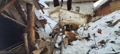 Üzerinde Kar Biriken Ahırın Çatısı Çöktü, Hayvanlar Enkaz Altında Kaldı