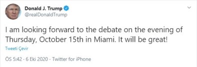 Trump, Biden İle 15 Ekim'deki Canlı Yayın Tartışmasına Katılmayı Planlıyor