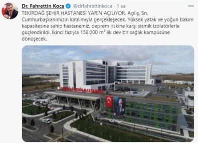 Bakan Koca'dan Tekirdağ Şehir Hastanesi Paylaşımı Açıklaması 'Dev Bir Sağlık Kampüsüne Dönüşecek'