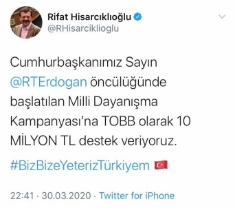 TOBB Başkanı Hisarcıklıoğlu'ndan 'Biz Bize Yeteriz Türkiyem' Kampanyasına Destek