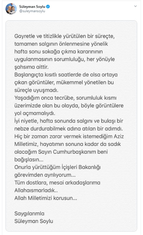 Bakan Süleyman Soylu istifa etti