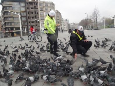 (Özel)Taksim'de Aç Kalan Güvercinleri Trafik Polisleri Besledi