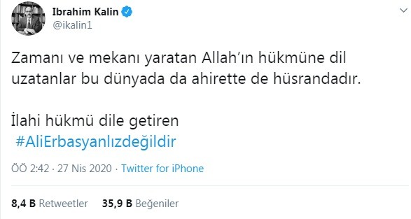 Cumhurbaşkanlığından Erbaş'a destek