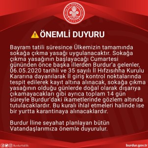 Burdur Valisi Açıklaması 'Bayram Öncesi Gelenler Karantinaya Alınacak'
