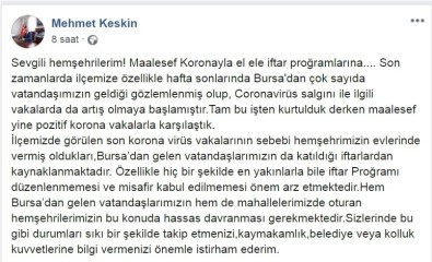 Bursa'da Belediye Başkanından Toplu İftar Düzenleyen Vatandaşlara Uyarı