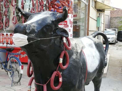 Korona Virüse Dikkat Çekmek Amacıyla Boğa Maketine Maske Taktı