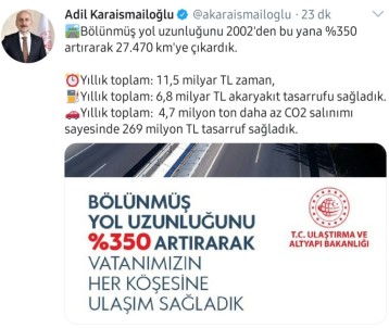 Bölünmüş Yollar 18 Yılda Yüzde 350 Kat Arttı