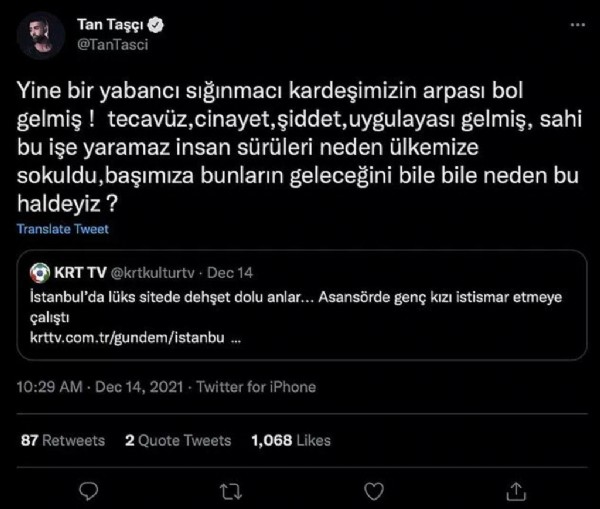 Tan Taşçı’nın Esenyurt’ta yaşanan cinsel saldırıyla ilgili paylaşımı olay yarattı