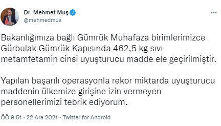Ticaret Bakanı Muş duyurdu! 462 kilogram uyuşturucu ele geçirildi