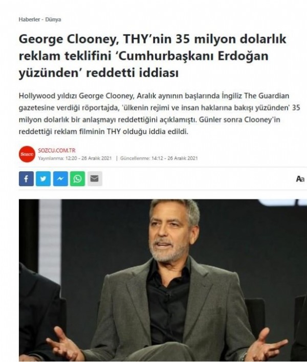 THY'den Sözcü'nün iddiasına yalanlama: George Clooney'e reklam teklifimiz olmadı