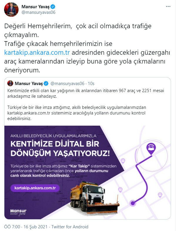 Mansur Yavaş’tan kar yağışı sonrası kapanan yollar için çözüm önerisi: Trafiğe çıkmayın