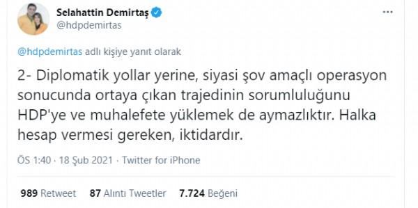 Selahattin Demirtaş: 'Siyasi şov amaçlı operasyonun sorumluluğu HDP'ye yüklenemez'