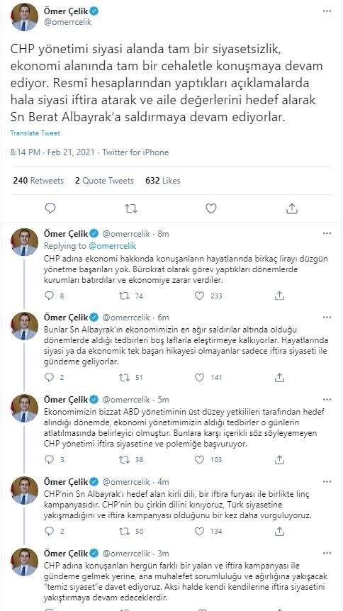 Ömer Çelik'ten, Berat Albayrak'ı hedef alan CHP'ye tepki