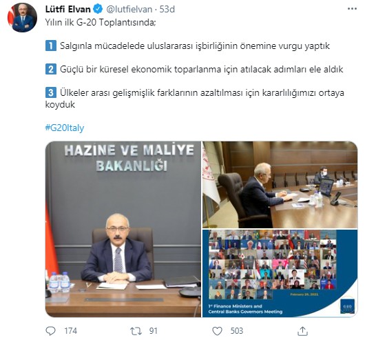 Hazine ve Maliye Bakanı Elvan'dan G-20 paylaşımı!