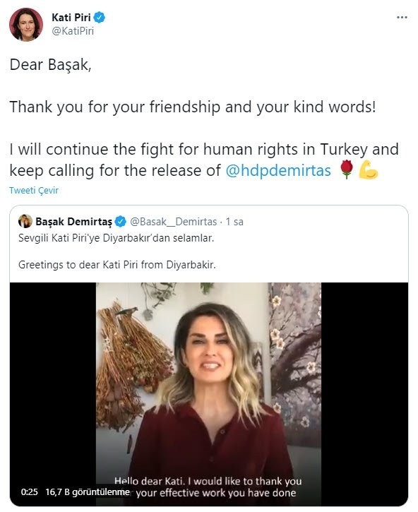Selahattin Demirtaş'ın eşi Başak Demirtaş'tan Kati Piri'ye destek: Sana başarılar diliyorum