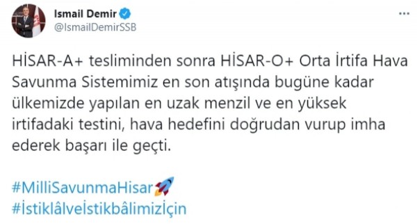 HİSAR-A+ en uzak menzil ve en yüksek irtifadaki atış testini başarıyla geçti