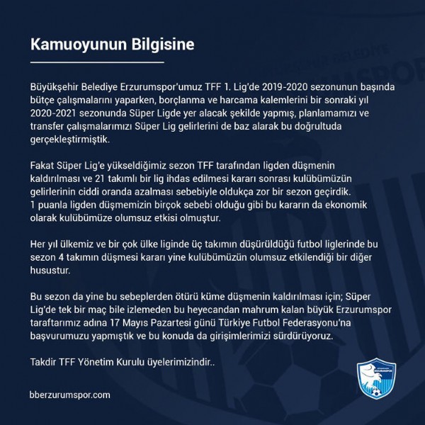 Küme düşme kaldırılsın başvurusu!