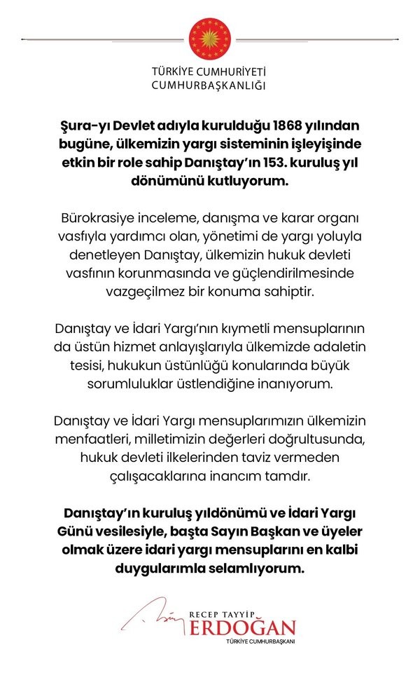 Başkan Erdoğan'dan Danıştay'ın 153. yıl dönümü için mesaj!
