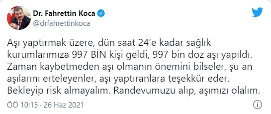 Sağlık Bakanı Koca: Dün saat 24’e kadar 997 bin doz aşı yapıldı