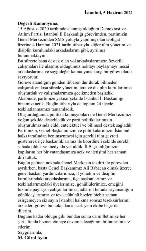 Ali Babacan’ın SMS demokrasisi: DEVA Partisi İstanbul İl Başkanı Gürol Ayan ile il yönetimini SMS ile görevden aldı