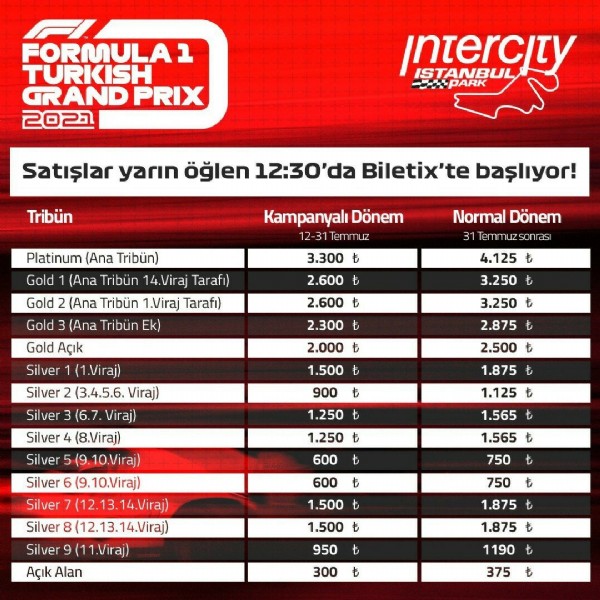 F1 Türkiye'nin bilet fiyatları belli oldu!