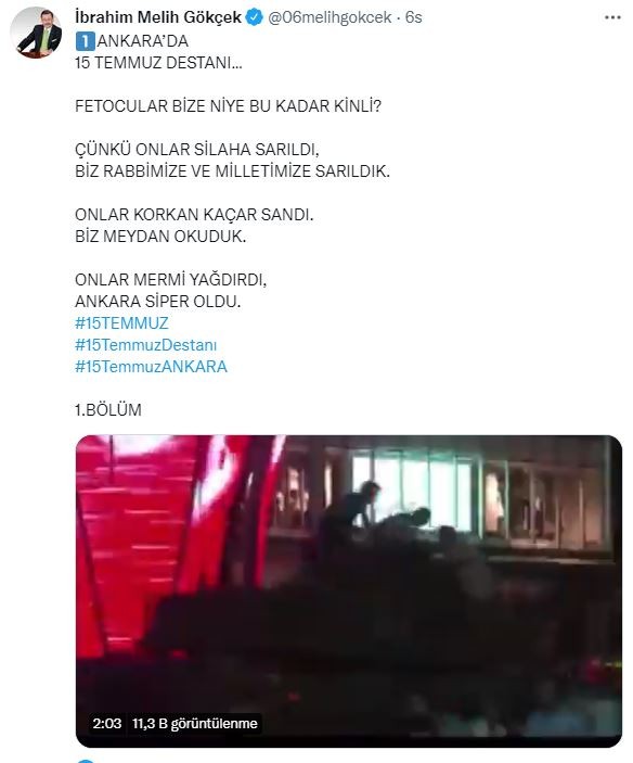 Melih Gökçek'ten 15 Temmuz paylaşımı!