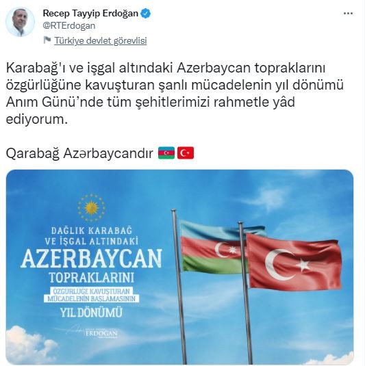 Başkan Erdoğan'dan Karabağ paylaşımı!