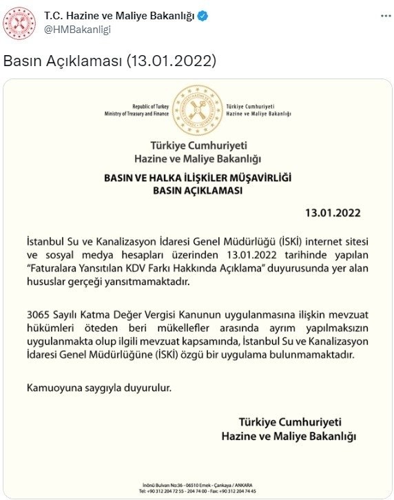 Hazine Bakanlığı ve Maliye Bakanlığından 'İSKİ ve KDV' açıklaması