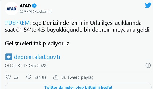 Ege Denizi'nde 4,3 büyüklüğünde deprem
