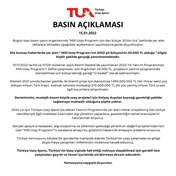 Türkiye Uzay Ajansı'ndan (TUA) 'dev bütçe' iddialarına yanıt
