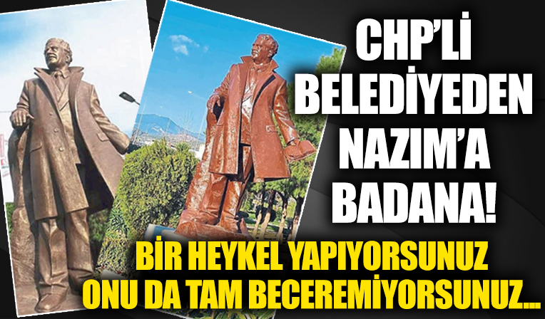 CHP'li belediye Nazım Hikmet Ran heykelini boyadı.. Komik boyama sonrası heykelin yeni hali olay oldu