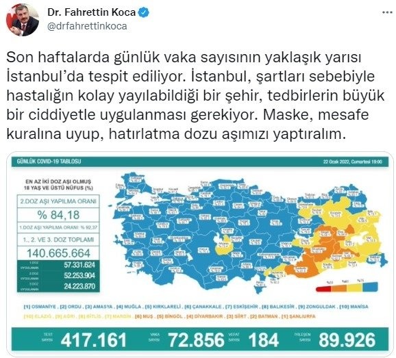 22 Ocak koronavirüs tablosu