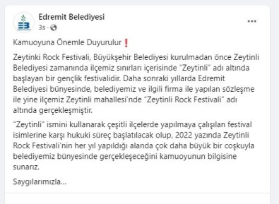 Edremit Belediyesi'nde Zeytinli Rock Festivali Açiklamasi