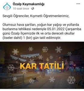Özalp'ta Okullar Tatil Edildi