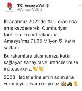 Amasya Valiligi Açiklamasi 'Ihracatimiz 2021'De Yüzde 50 Oraninda Artti'