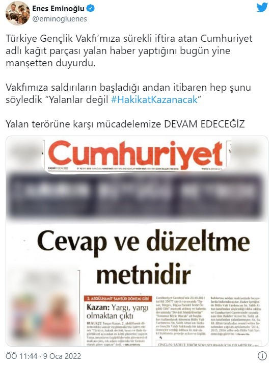 TÜGVA yalanı Cumhuriyet'i bir kez daha tekzip yayınlamak zorunda bıraktı