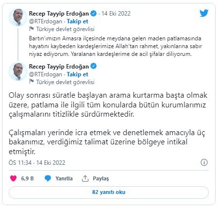 Cumhurbaşkanı Erdoğan, Amasra'daki maden kazasına ilişkin paylaşımda bulundu:  Çalışmalar titizlikle sürüyor