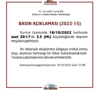 Elazig'da 3.5 Büyüklügünde Deprem