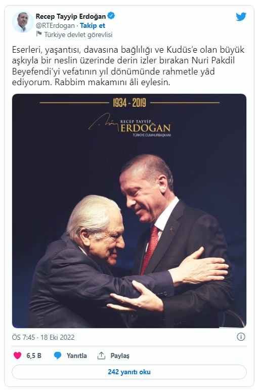 Cumhurbaşkanı Erdoğan edebiyatçı Nuri Pakdil'i andı!