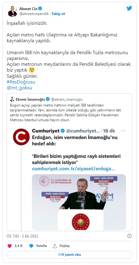 Pendik-Sabiha Gökçen metrosunu sahiplenen İmamoğlu'na bakanlıktan jet yalanlama!