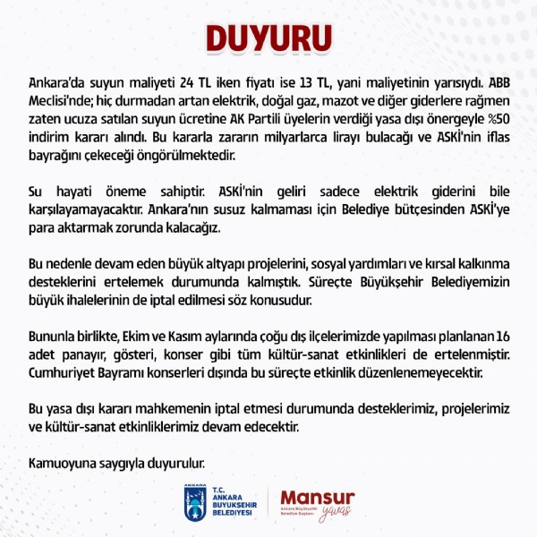 Su faturasına indirim kararını kabul etmeyen Mansur Yavaş projeleri tek tek durduruyor