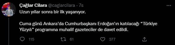 Cumhurbaşkanı Erdoğan’ın katılacağı “Türkiye Yüzyılı” programına muhalif gazeteciler de davet edildi.