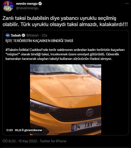 Gazeteci Nevşin Mengü Taksim patlaması gerçekleştiren PKK'lı teröristin kimliği ile alakalı espiri yapmaya kalktı