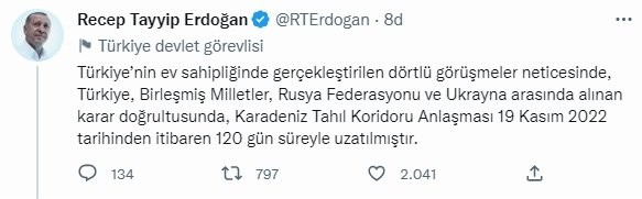Başkan Erdoğan duyurdu! Tahıl Koridoru Anlaşması uzatıldı